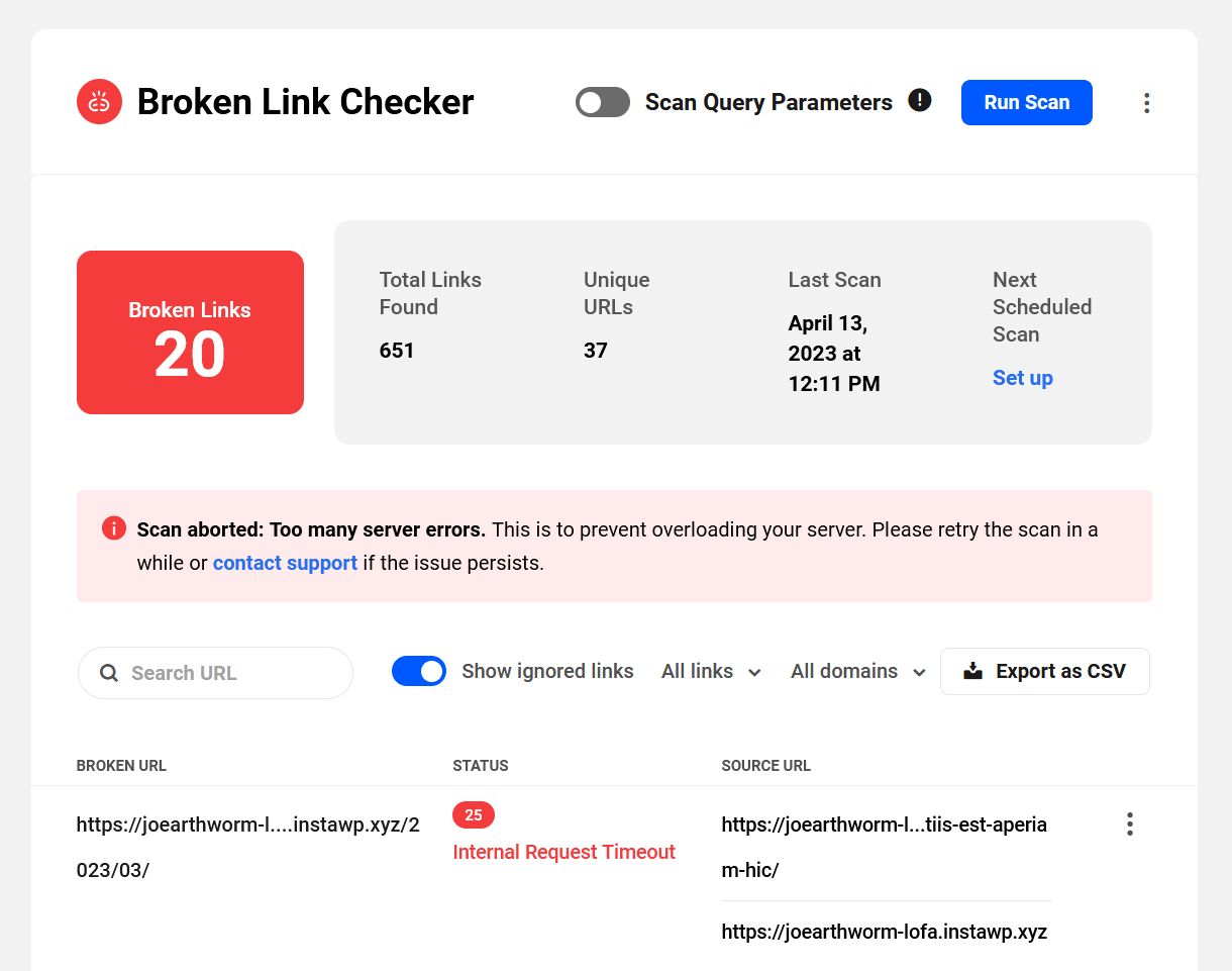 Broken Link Checker notice when the scan is aborted due to too many server errors