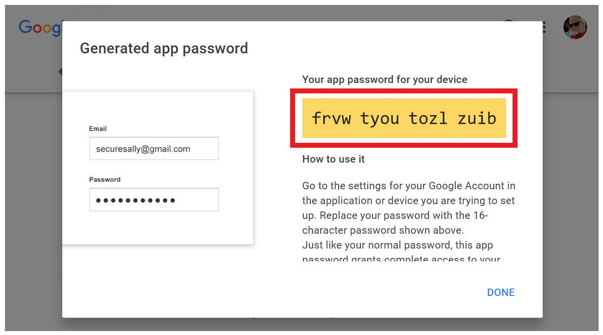 Copy an app password from your Google account