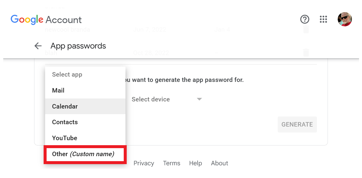 Enter a name for an app password in your Google account