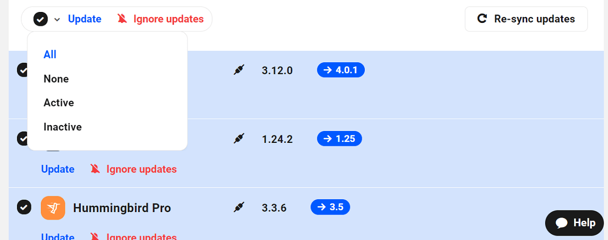 Hub2 core, plugin & theme updates bulk options