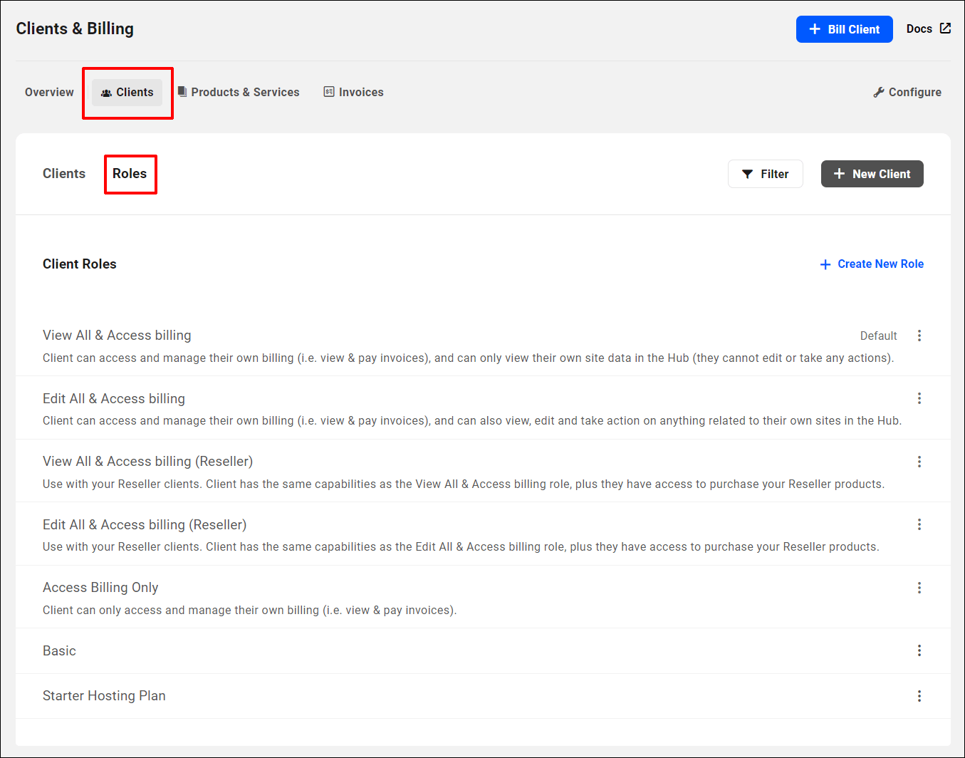 The Hub - Clients & Billing screen - Roles section.