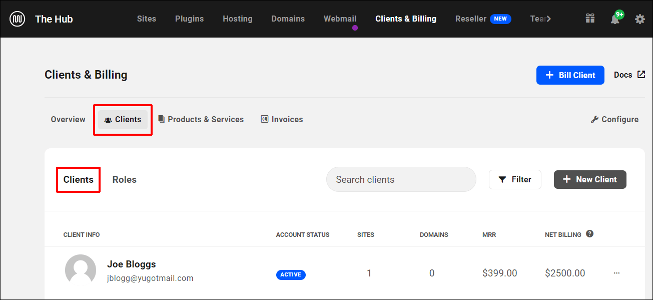 The Hub - Clients & Billing screen - Clients section.