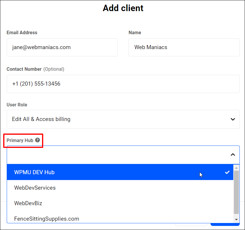 Clients & Billing - Add New Client - Primary Hub