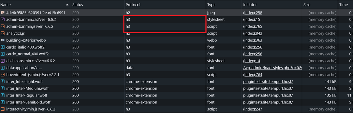 Check protocol column of Network tab to verify if HTTP3 is enabled