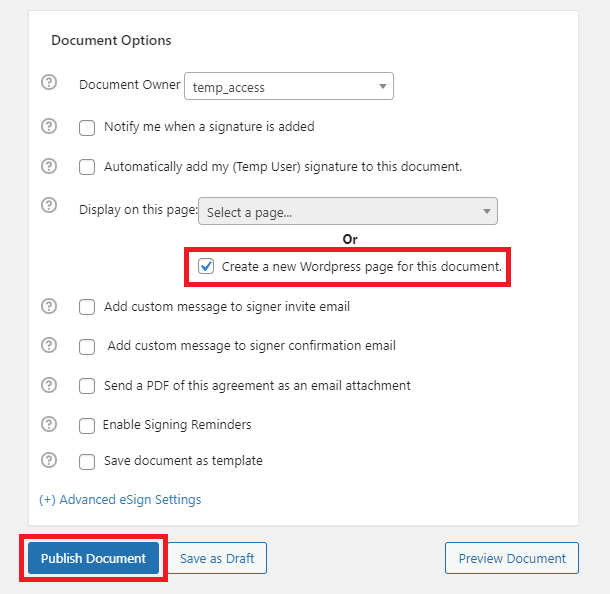Choose create new page for this document and publish the document