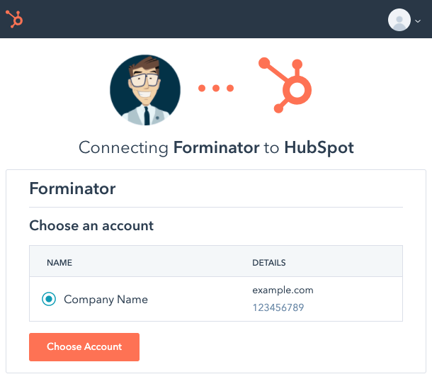 Choose Hubspot account to connect to Forminator
