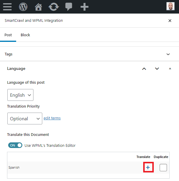 Clicking the Plus icon to translate the page content and textual meta elements