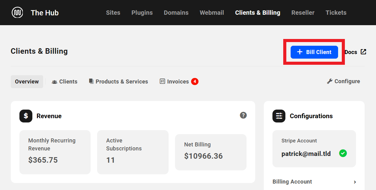 Create an invoice for a client in the Hub