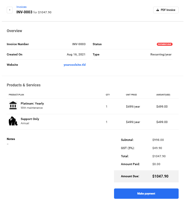 Client's view of invoice due in Client Billing