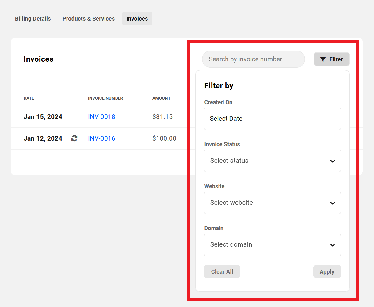 Client's invoice filters in Client Billing
