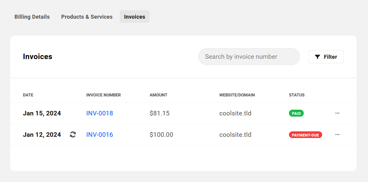Client's invoices in Clients & Billing