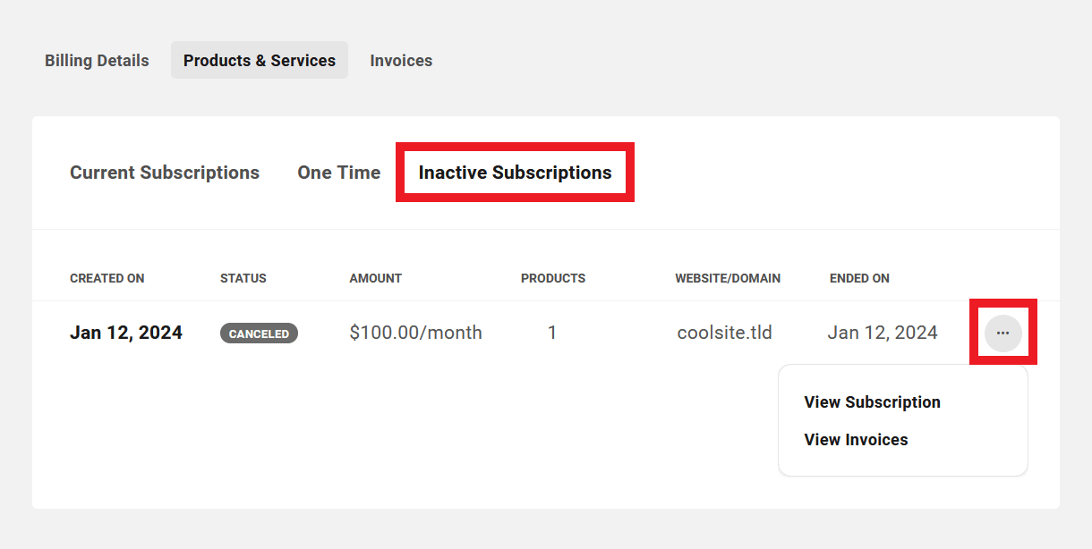 Client's inactive subscriptions in Client Billing