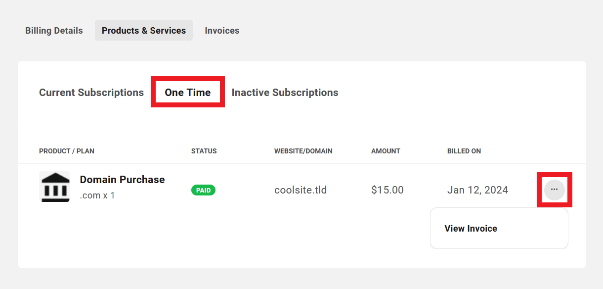 Client's one-time billed products in Client Billing