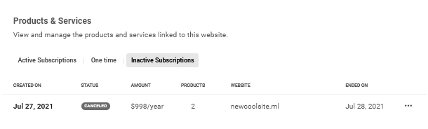 Client's one-time billed site products in Client Billing