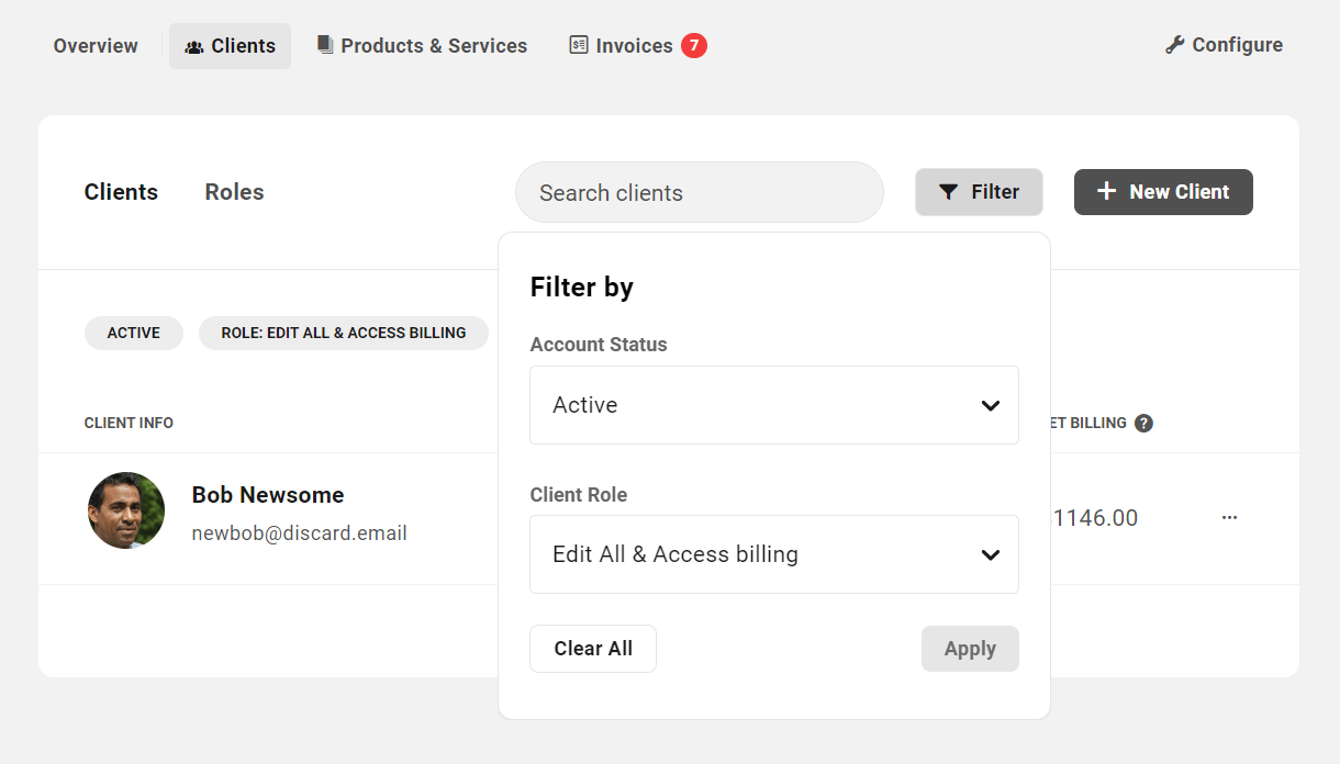 Filter the clients list in Client Billing