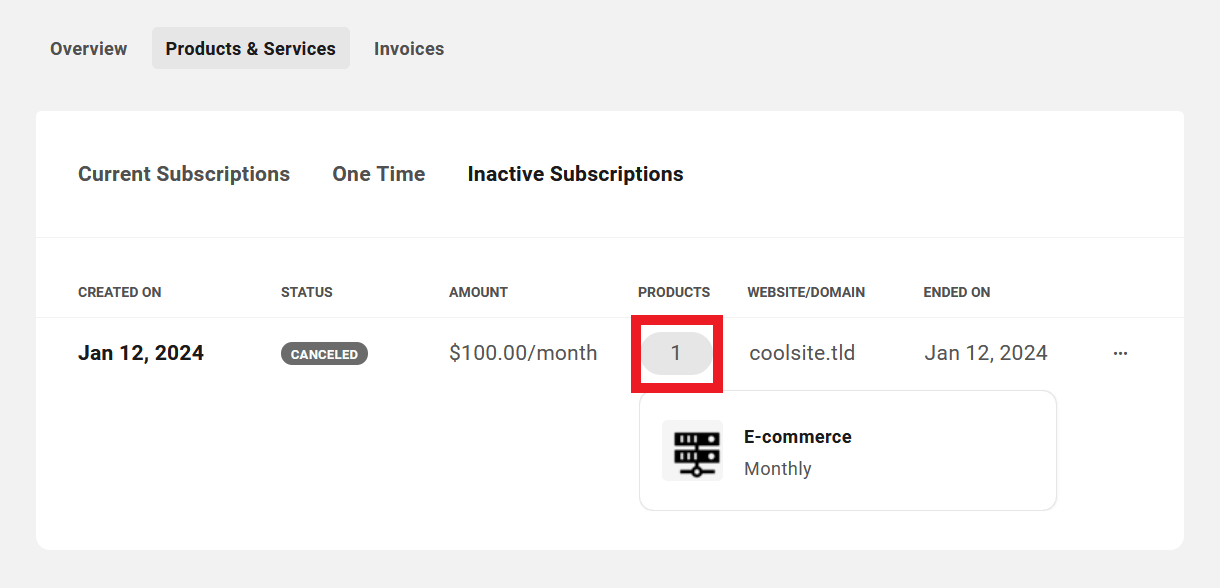 Products included in client's inactive subscriptions in Client Billing