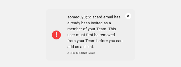 Existing Team member error message