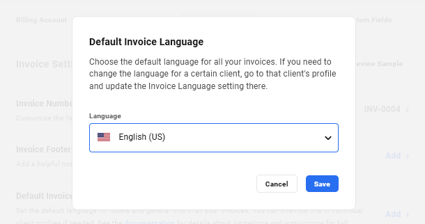 Change default language for invoices in Client Billing