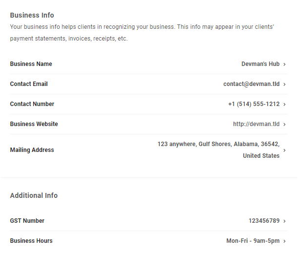 Business info added in Client Billing