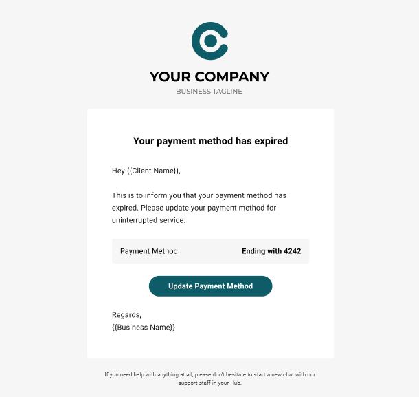Client Billing email to client example - payment method expired