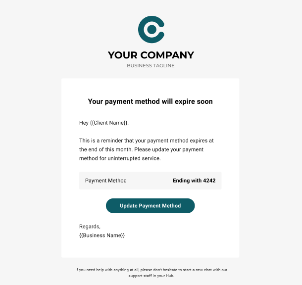 Client Billing email to client example - payment method expires soon