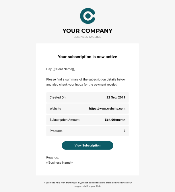 Client Billing email to client example - subscription started