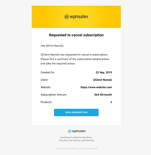 Client Billing email to member example - request to cancel subscription