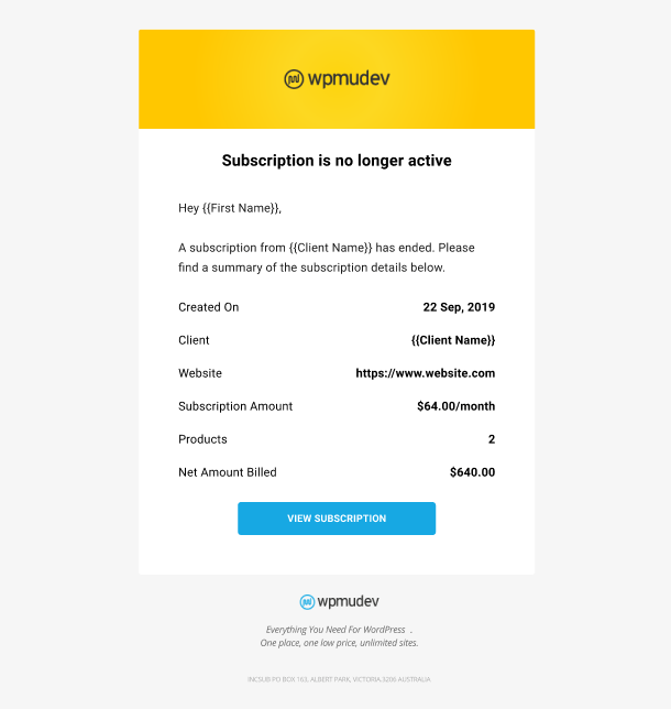 Client Billing email to member example - subscription ended