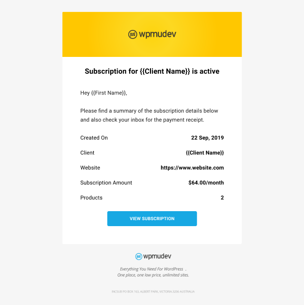 Client Billing email to member example - subscription started