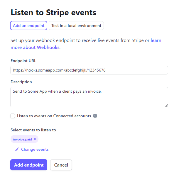 Creating a webhook endpoint at Stripe
