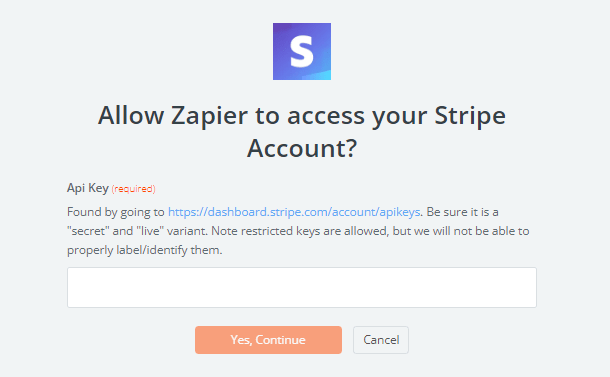 Enter your API key to connect Stripe to Zapier