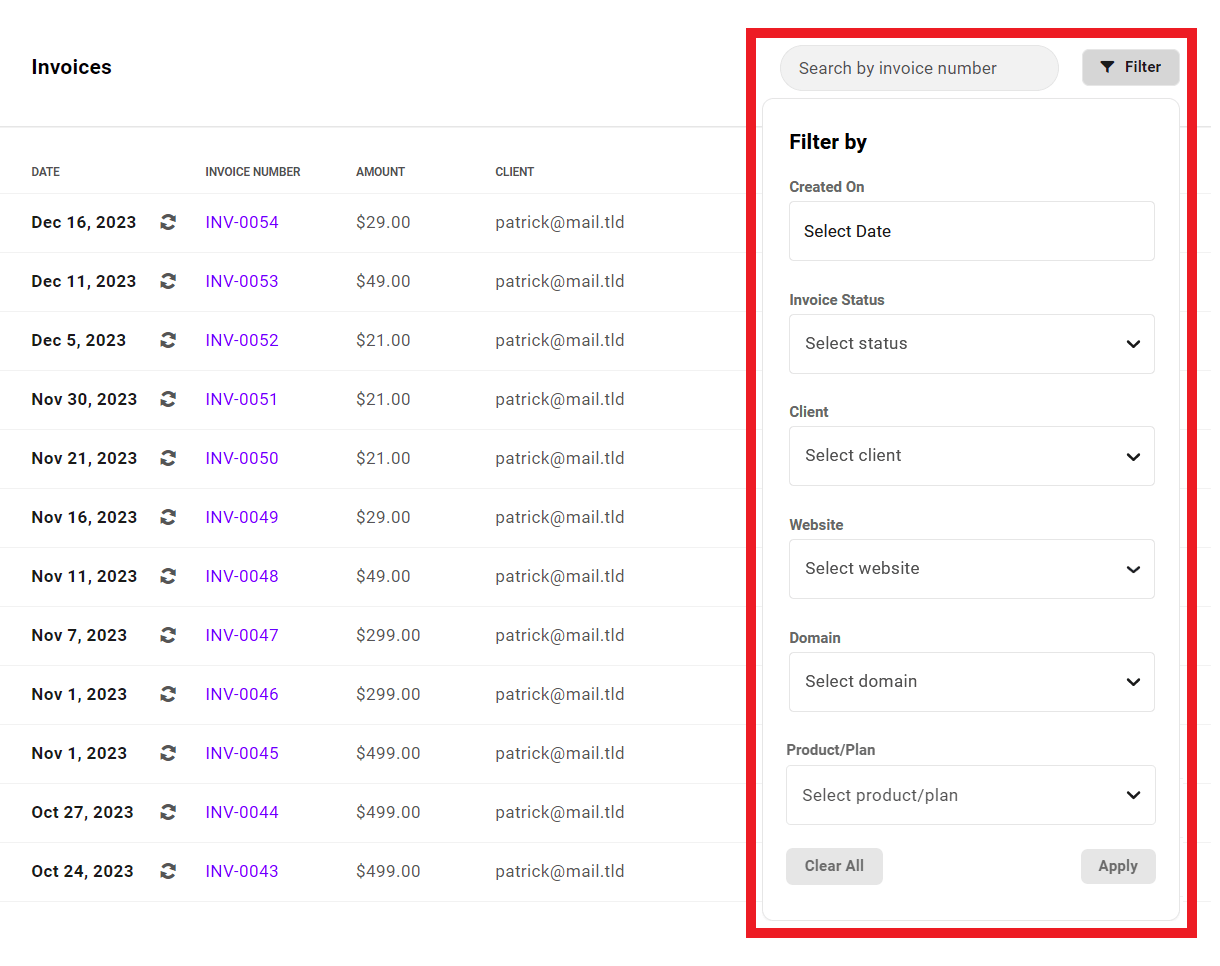Filter invoices in Client Billing