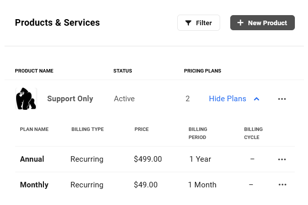 Example pricing plan added to a product in Client Billing