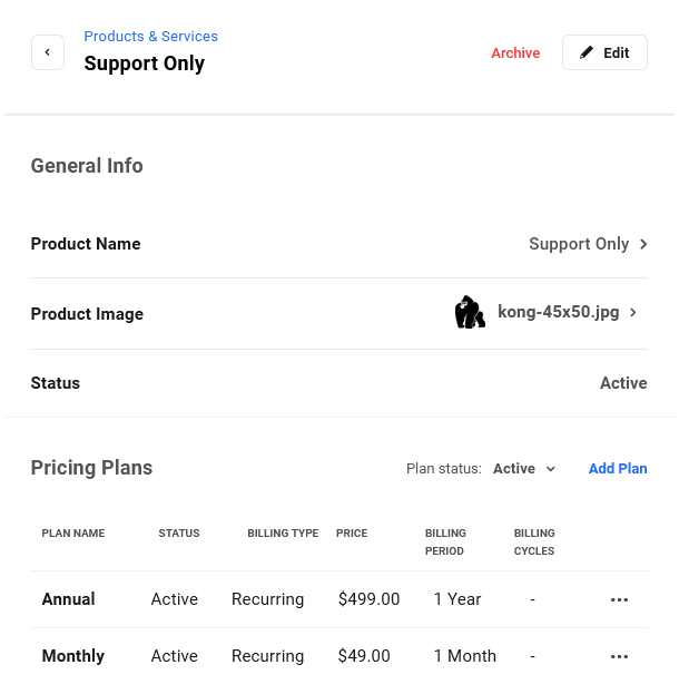 Pricing plan details in a product in Client Billing