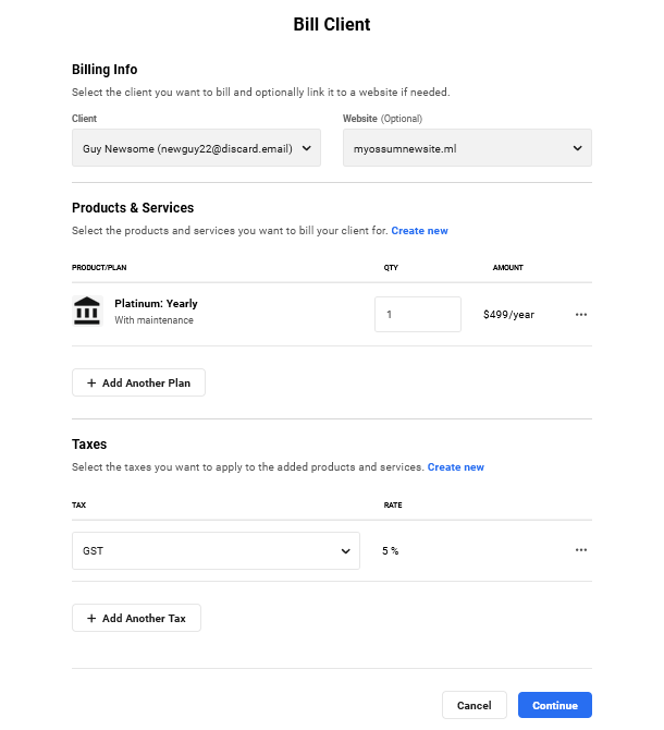 Billing a client for a site in Client Billing