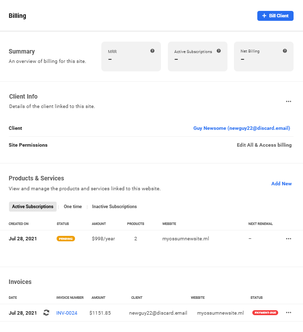 Invoice created for a client site in Client Billing