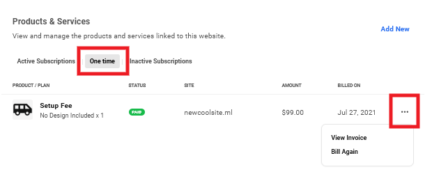 One-time billed products for a site in Client Billing