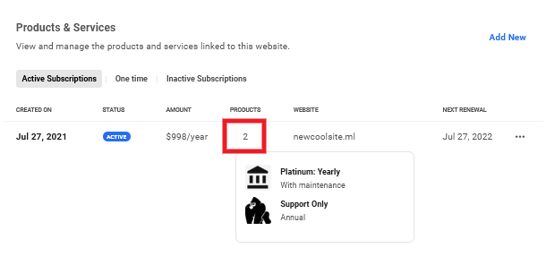 Products included in an active subscription for a site in Client Billing
