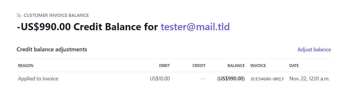 Customer credit balance adjustment at Stripe
