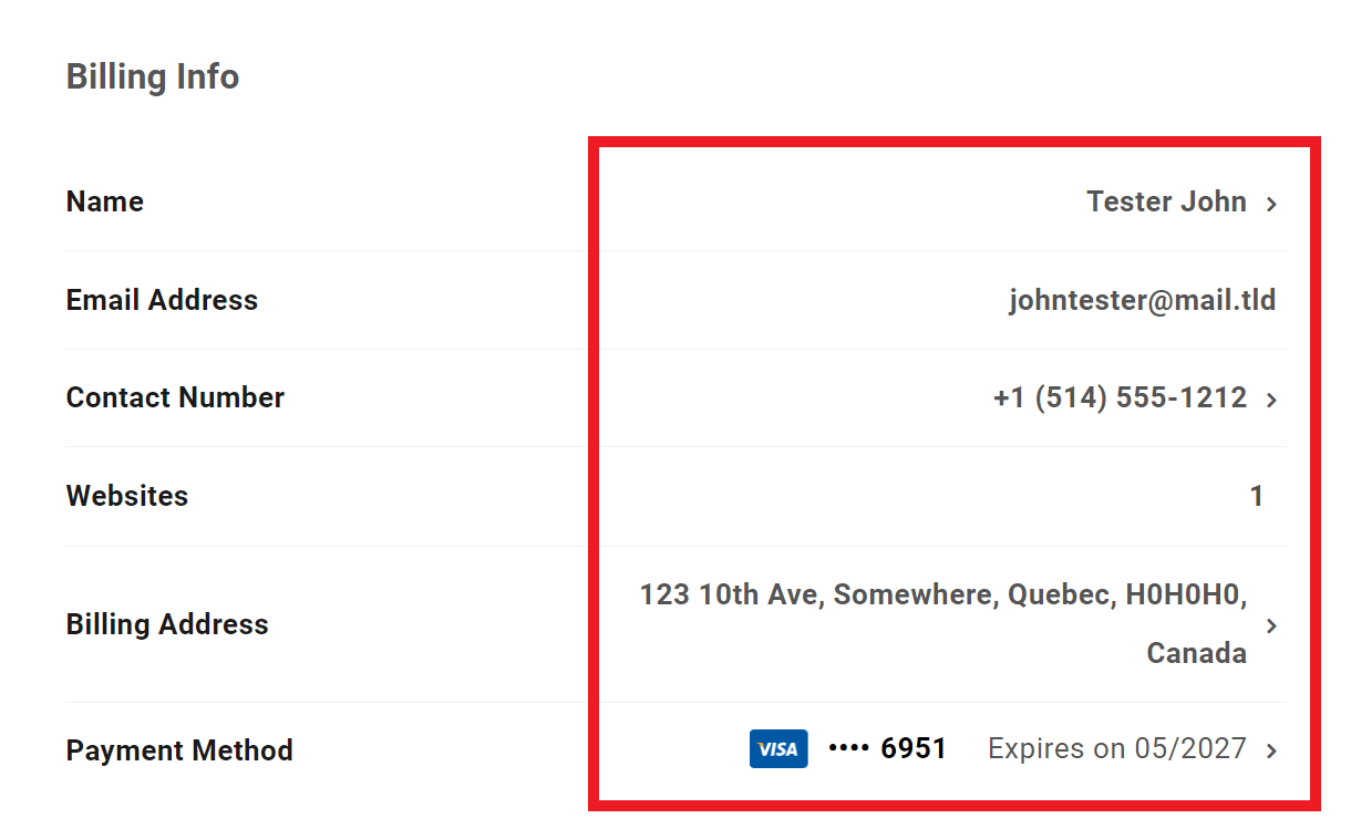 Allows the user to add and edit their billing information