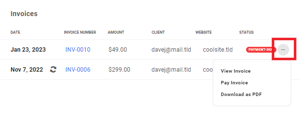 Allows the user to access management options for existing site products