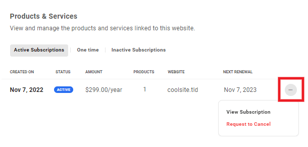 Allows the user to access management options for existing site products