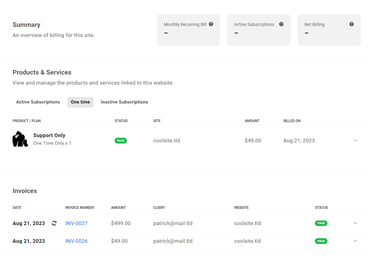 Allows the client to access and view all data in the Client Billing area of their sites