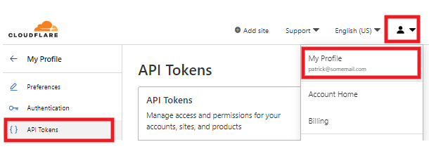 Select Cloudflare API Tokens tab