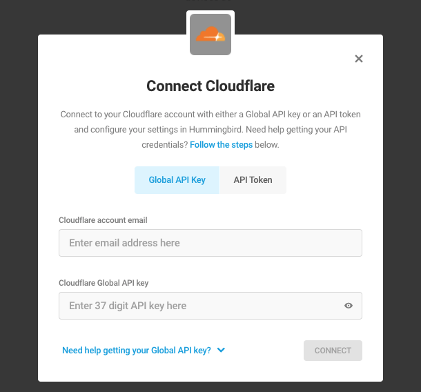 Connect Cloudflare modal window