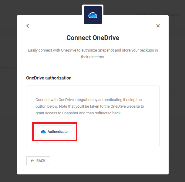 Click the authenticate button to grant access to Snapshot