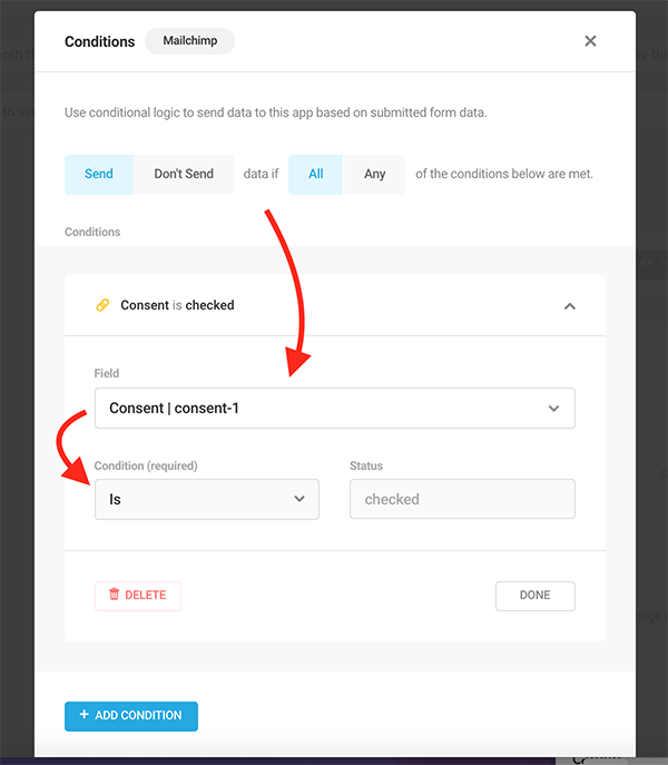 Setting up mailchimp conditions.