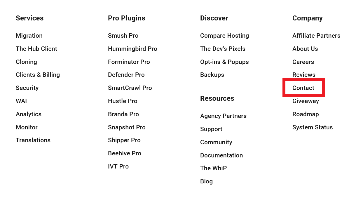 Contact link in WPMU DEV site footer