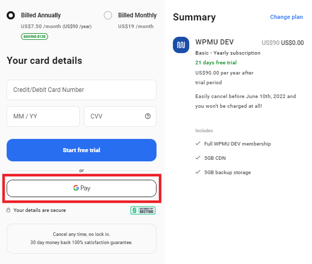 Google Pay button at checkout