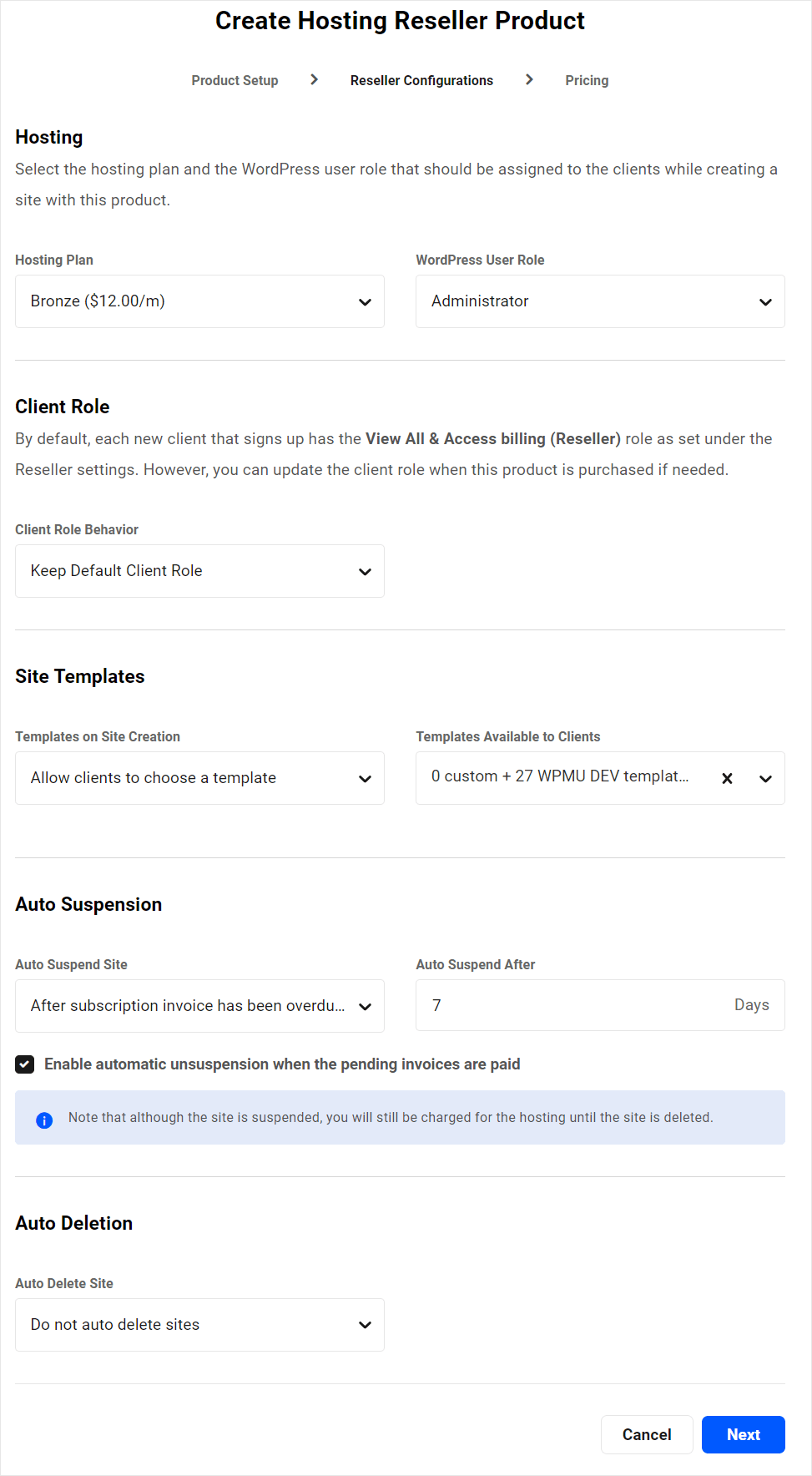 Create Hosting Reseller Product wizard - Reseller Configurations screen.
